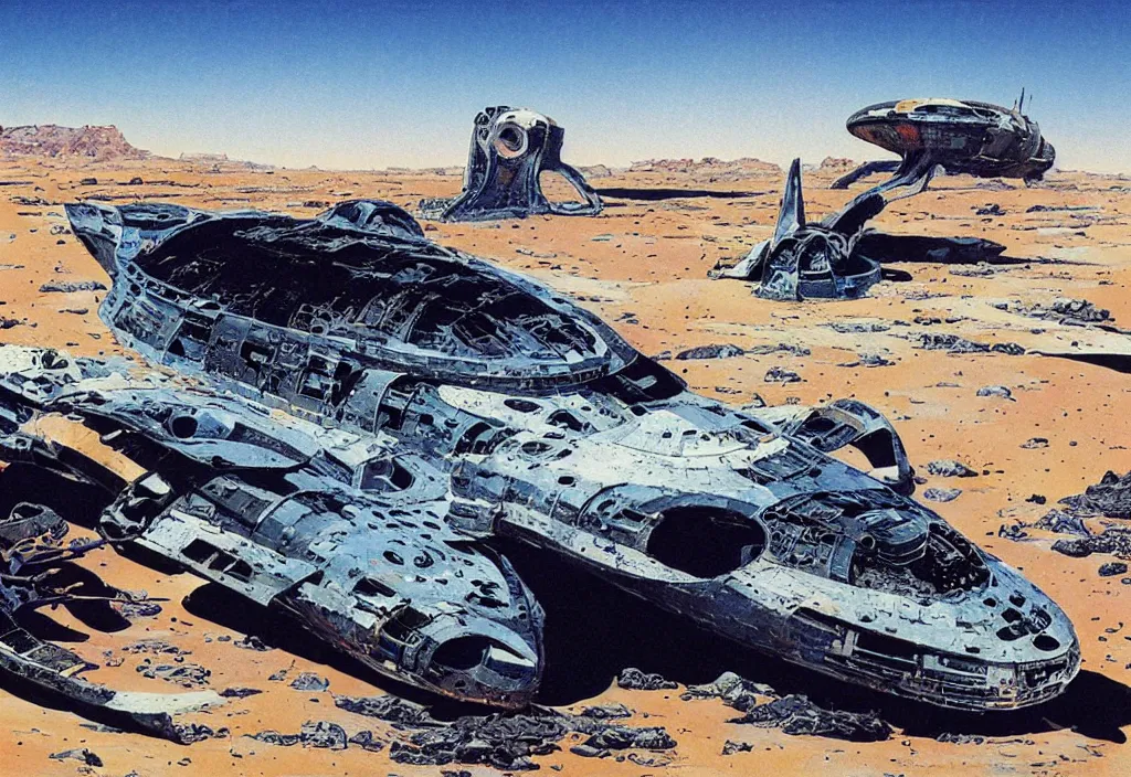 Image similar to remains of a spaceship in a desert by robert mccall