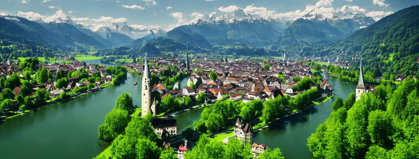 Image similar to Photo of Zurich, looking down the river at the lake and the alps, Hardturm, Grossmünster, wide angle, trees, volumetric light, hyperdetailed, green water, artstation, cgsociety, 8k