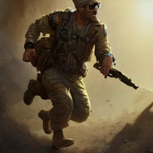 Prompt: A soldier with sunglasses running for his life by Greg Rutkowski , Justin Gerard and Haeckel. Artstation, volumetric light