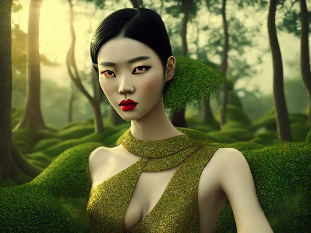 Image similar to innovative avant-garde art, deco fashion, asian women, highly detailed, photorealistic portrait, serene forest setting, crisp quality and light reflections, octane render