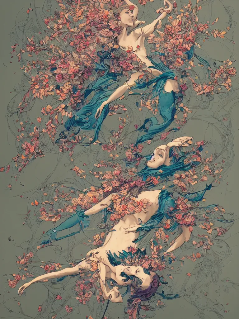Prompt: a flying body covered in flowers in a dynamic pose, in the style of james jean and peter mohrbacher, highly detailed, soft lighting, art nouveau patterns, trending on artstation