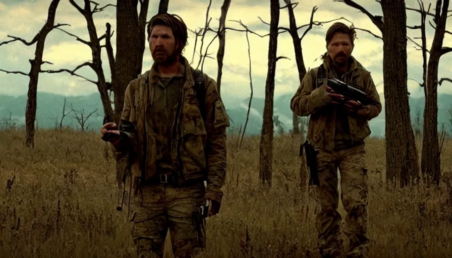 Image similar to lone survivor man holding a walkie!! in post - apocalyptic nature landscape. movie screenshot. lush composition by wes anderson, shallow depth of field, cinematic. cinematic composition