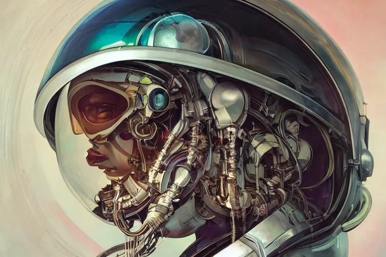Prompt: portrait of a biomechanical head inside a futuristic space helmet, vintage transistors, white metal, iridescent visor, distant memories, art by Ruan Jia and artgerm and Alphonse Mucha,
