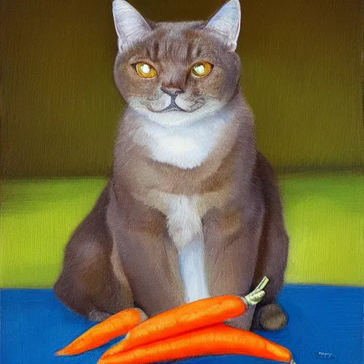 Image similar to cute brown burmese cat eating carrot, in style of Ivan Shishkin, oil painting, renaissance drawing, hd, detailed