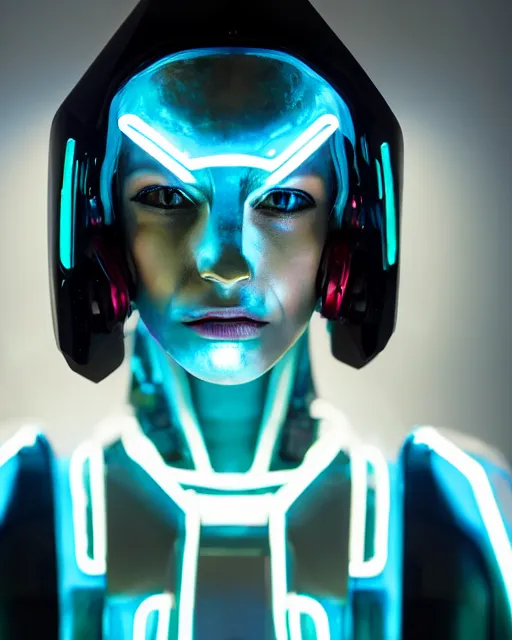 Image similar to photo of soulful female as a cyberpunk mecha humanoid robotic head and face parts with straight fluorescent lamps over face, ultra - realistic and detailed, long exposure, soft focus hdr 8 k