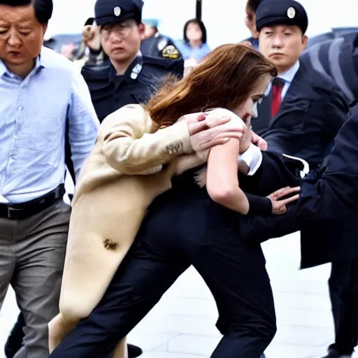 Prompt: angry emma watson putting xi jinping in a headlock as security agents close in