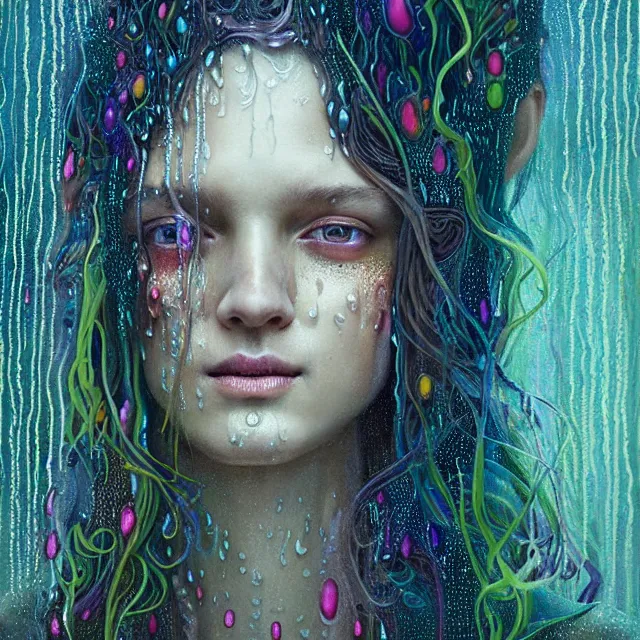 Prompt: bright portrait surrounded by psychedelic mushrooms with rain on face and wet hair, smiling, diffuse lighting, fantasy, intricate, elegant, highly detailed, lifelike, photorealistic, digital painting, artstation, illustration, concept art, smooth, sharp focus, art by John Collier and Albert Aublet and Krenz Cushart and Artem Demura and Alphonse Mucha