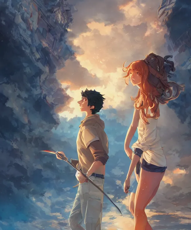 Prompt: percy jackson and annabeth chase, shinkai makoto studio ghibli studio key hideaki anno sakimichan stanley artgerm lau rossdraws james jean marc simonetti elegant highly detailed digital painting artstation pixiv