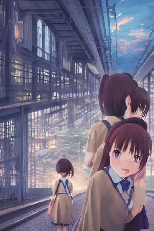 Prompt: Ultra realistic 3d illustration, two cute anime schoolgirls turned to face the camera hugging cat on huge japanese elevated subway at dark sunset. fantasy, elegant, dramatic light, trending on artstation, smooth, sharp focus, illustration, art by hiro kiyohara and hayao miyazaki oil painting