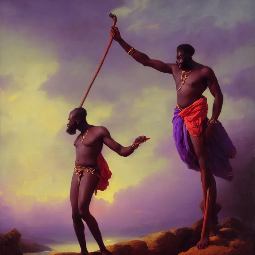 Prompt: handsome african god in a loincloth, posing against a royal purple backdrop by ivan aivazovsky, oil painting, beautiful soft lighting, saturated colours, artstation