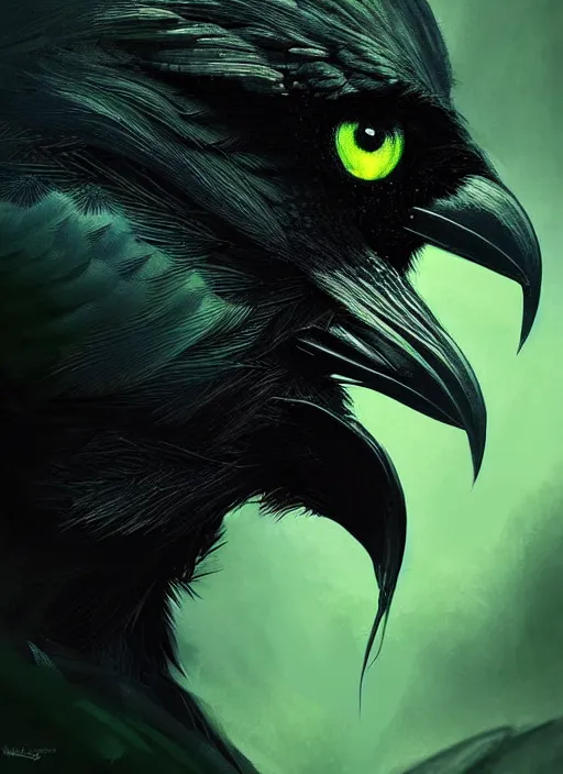 Image similar to side portrait dark crow (animal), close-up, fantasy forest landscape, moonshine, fantasy magic, nice black feather, proud, green dark light night, intricate, elegant, sharp focus, illustration, highly detailed, digital painting, concept art, matte, art by WLOP and Artgerm and Greg Rutkowski and Eddie Mendoza, masterpiece