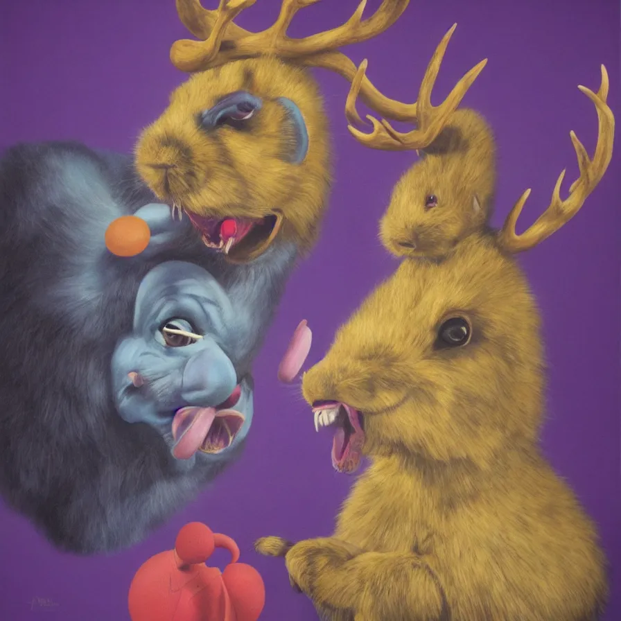 Image similar to rare hyper realistic portrait painting by british masters, studio lighting, brightly lit purple room, a blue rubber ducky with antlers laughing at a giant laughing rabbit with a clown mask