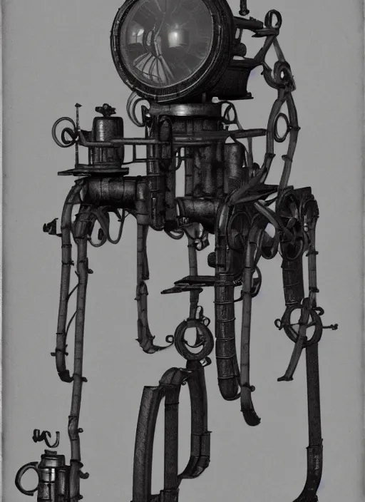 Prompt: 1 8 8 5 photo of a steampowered riveted glados from portal 2, daguerrotype, high quality