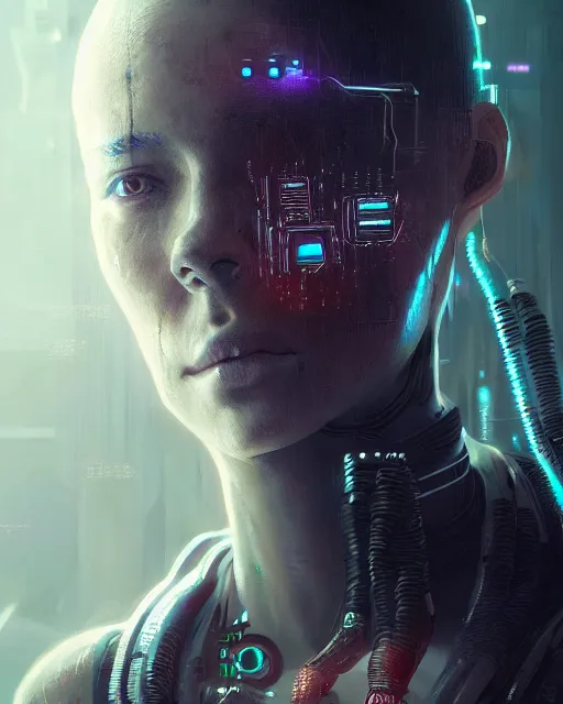 Image similar to portrait of a cyberpunk cyborg. sci - fi, intricate abstract upper body intricate, wlop, concept art, octane render, deviantart, greg rutkowski, cinematic, key art, hyperrealism,