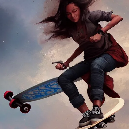 Image similar to A matte painting of Chandra on a skateboard, art by greg rutkowski, trending on artstation