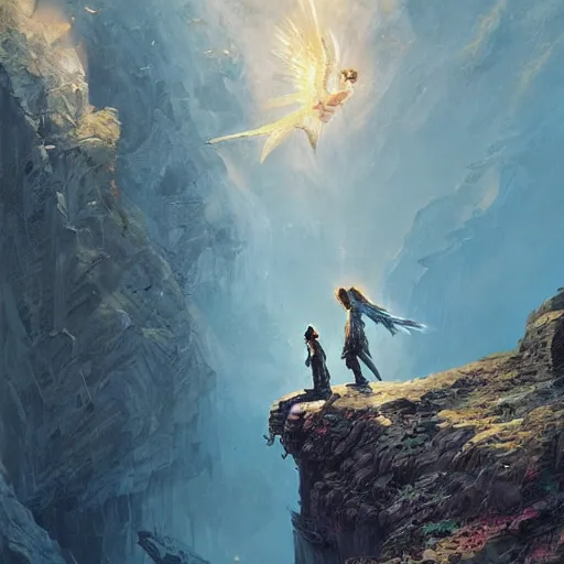 Image similar to angel protecting man falling from a cliff, detailed intricate ink illustration, happy atmosphere, detailed illustration, hd, 4k, digital art, overdetailed art, by greg rutkowski, by loish, complementing colors, Trending on artstation, movie poster style