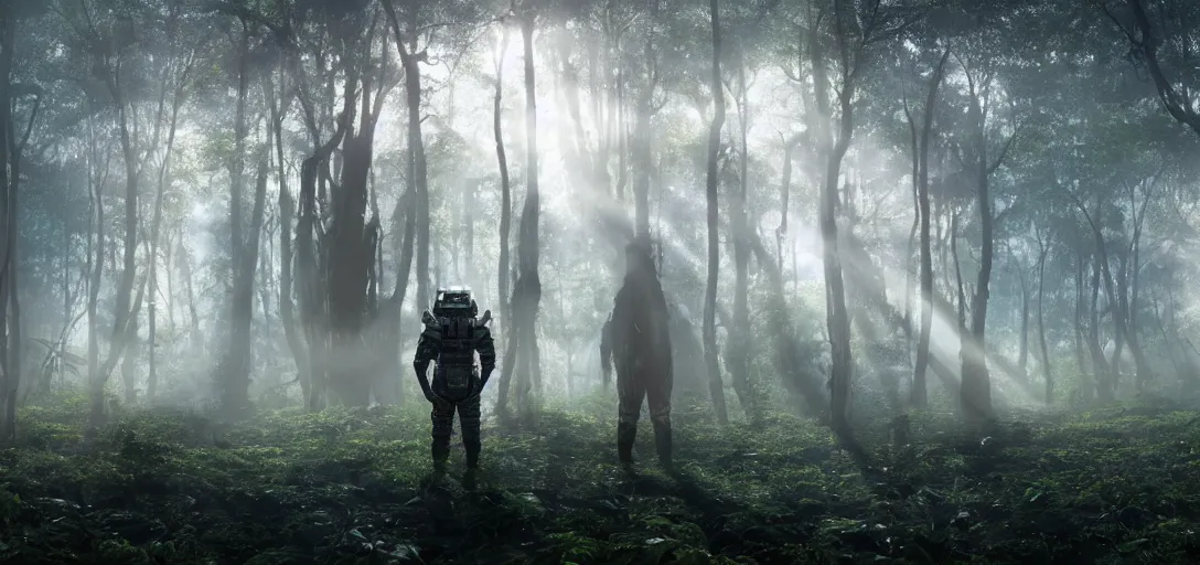 Image similar to an astronaut looking at a complex organic fractal metallic symbiotic ceramic humanoid megastructure creature in a swampy lush forest, foggy, sun rays, cinematic shot, photo still from movie by denis villeneuve, wayne barlowe