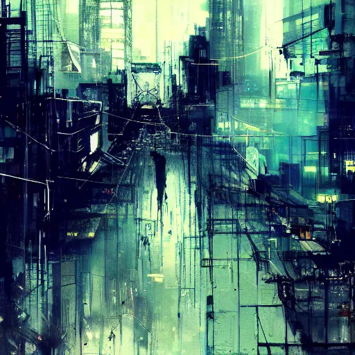 Image similar to a cyberpunk, wires, machines, in a dark future city by jeremy mann, francis bacon and agnes cecile, ink drips, paint smears, digital glitches glitchart c - 1 0