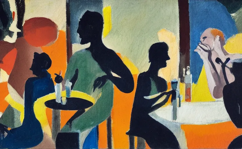 Prompt: oil painting in the style of john craxton. sailors talking loudly in the shadows of a pub. in the style of ivon hitchins. strong expressions on faces. holding cigarettes. scratch. strong lighting. playing cards. brush. single flower. cheekbones. smokey bar. seated figure hands on table. eyes. line drawing.