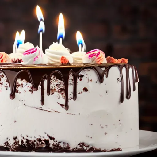 Image similar to tasty ice cream cake with chocolate topping and two candles on top, realistic photography, 4 k