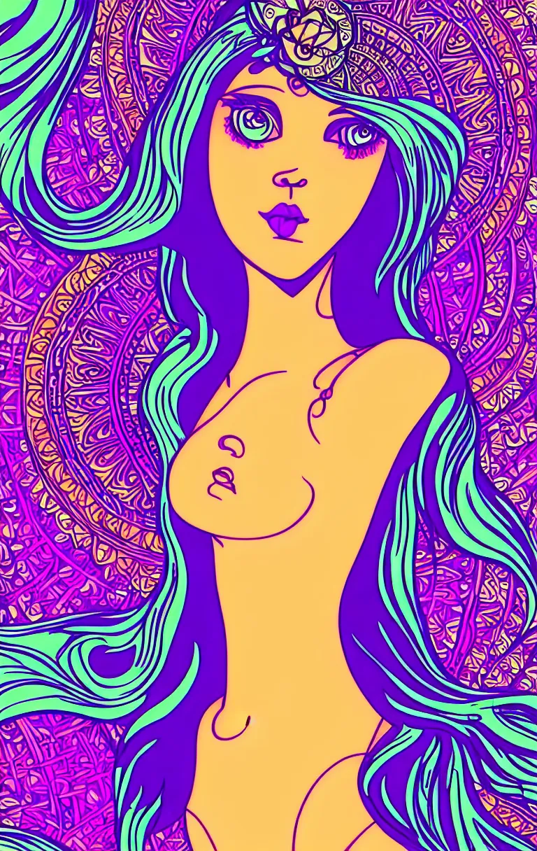 Image similar to beautiful hippie girl illustration, closeup in bikini over psychedelic sacred geometry hallucination