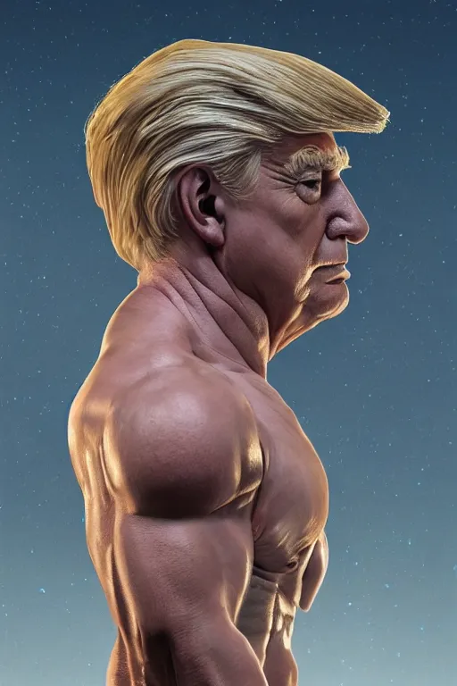 Prompt: President Donald J Trump as a Greek god, detailed face, gorgeous, amazing, muscular, fit, very muscular male body, Caesar victorious, proud Emperor , cyberpunk, intricate, highly detailed, digital painting by beeple, glitched, artstation, concept art, sharp focus, illustration, art by greg rutkowski beeple and alphonse mucha