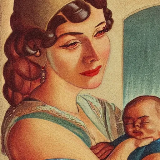 Prompt: 40s illustration of 80 year old sentimental Mediterranean skinned woman in ancient Canaanite clothing holding a newborn baby, crying, awe, love, ancient interior tent background