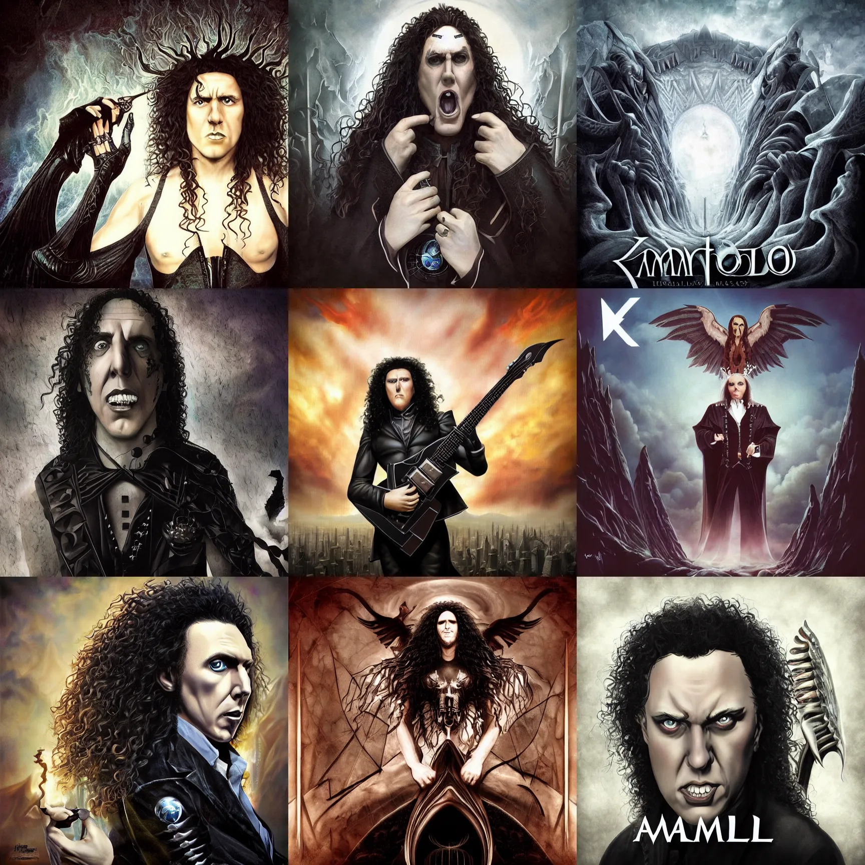 Prompt: kamelot album cover featuring photo of weird al yankovic, art by stefan heilemann, power metal album cover, gothic fantasy, trending on artstation