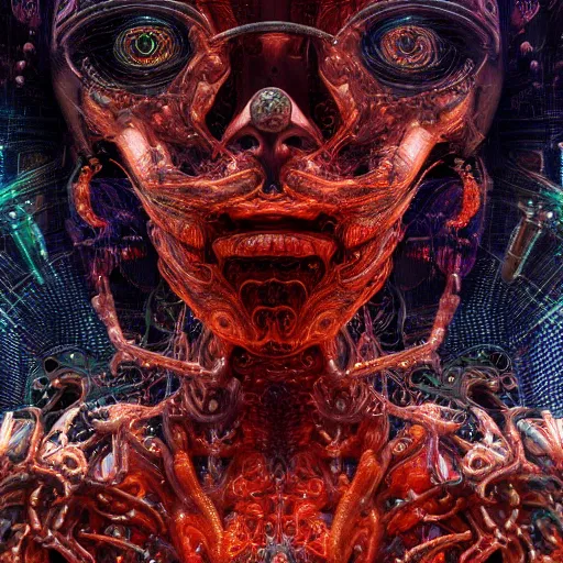 Image similar to cybernetic demon dreaming with its highly networked mind, lsd, circuitry, intricate detail, royo, whealan, giger, klimt, hd, octane render, unreal engine,