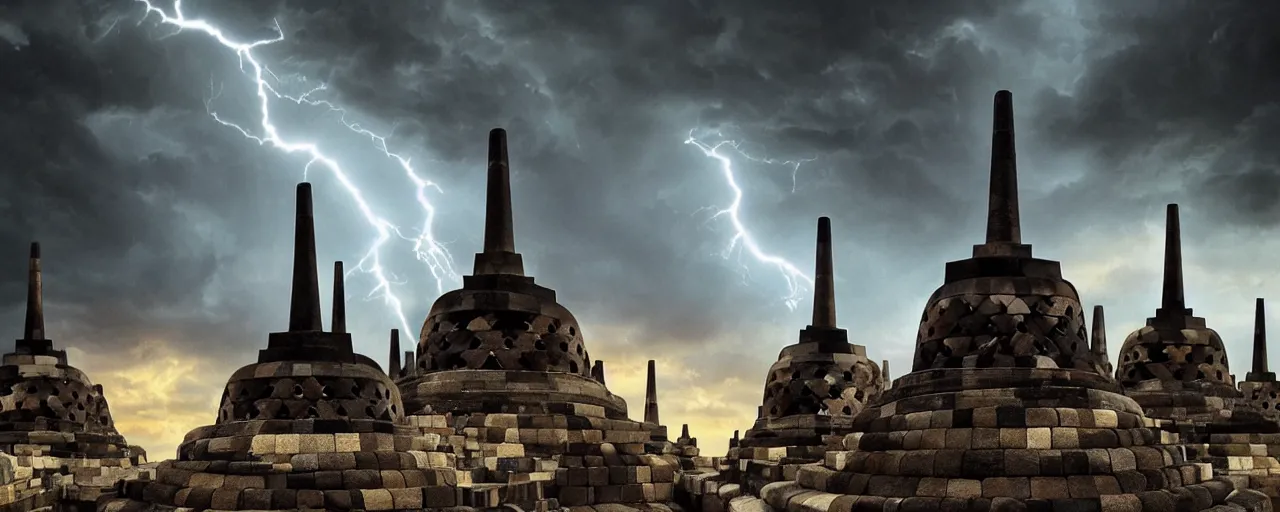 Image similar to most epic dramatic borobudur temple picture with eerie stormy night sky and lightnings. epic cinematic hyperrealism masterpiece. realistic poster with shaded lighting by craig mallismo, artgerm, jeremy lipkin and michael garmash, unreal engine, radiant light, detailed and complex environment, digital art, art station trends