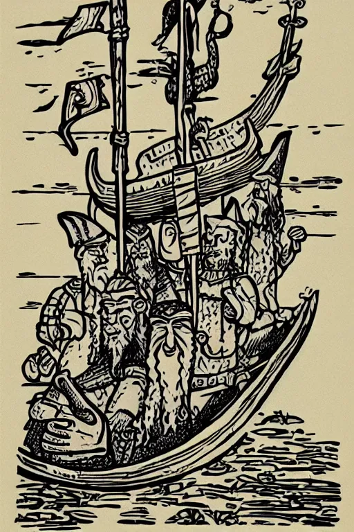 Prompt: “Poster of Vikings in a viking boat. Retro cartoon caricature.”