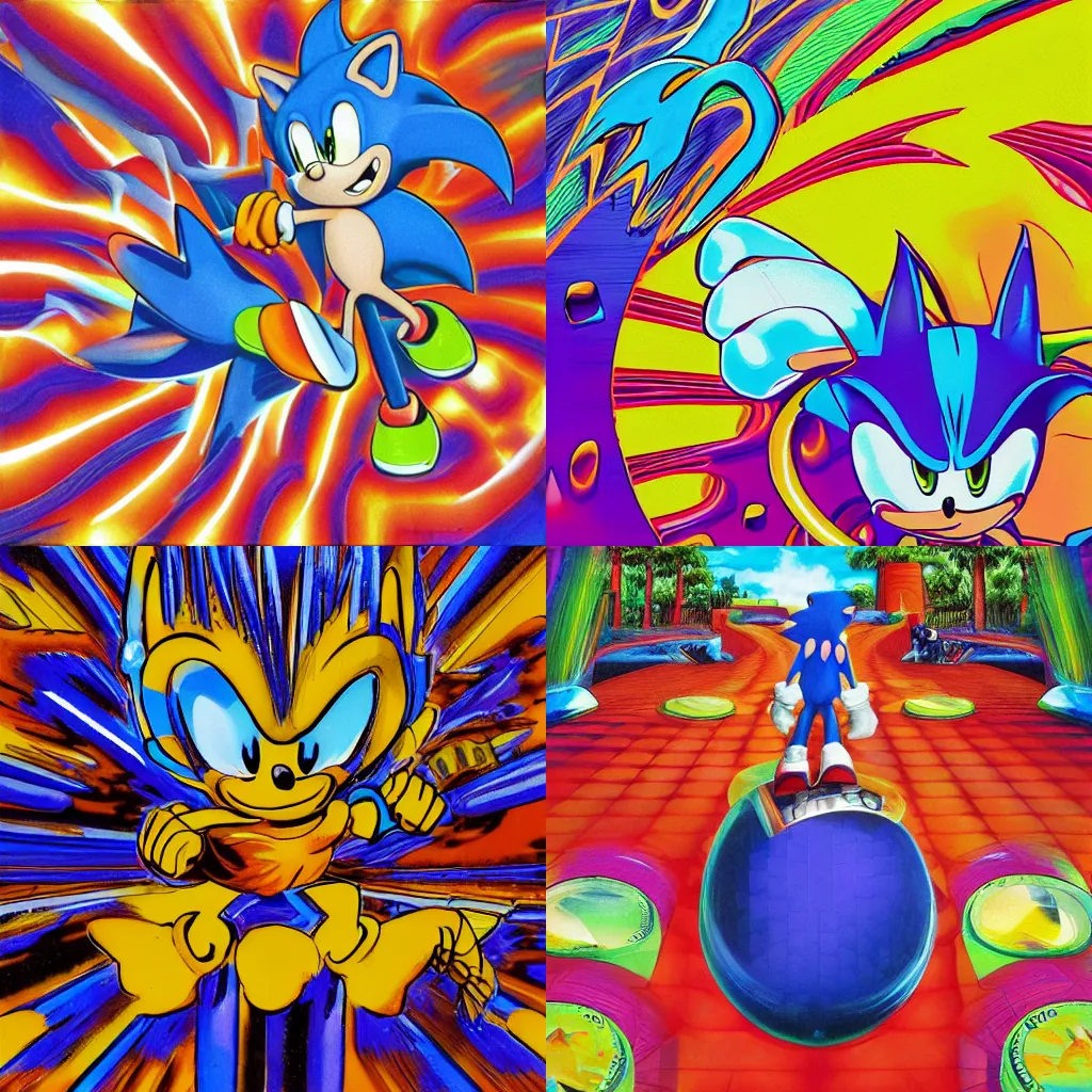 Prompt: sonic the hedgehog in a recursive surreal, sharp, detailed professional, high quality airbrush art MGMT tame impala album cover of a liquid dissolving LSD DMT sonic the hedgehog surfing through cyberspace, purple checkerboard background, 1990s 1992 Sega Genesis video game album cover,