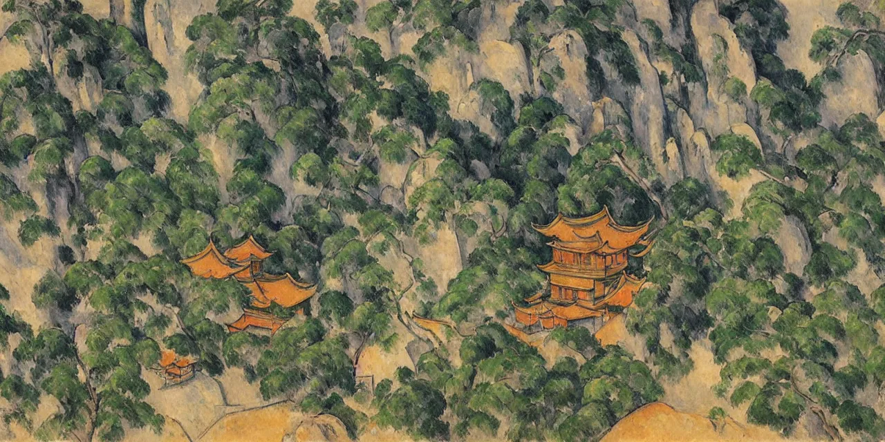 Image similar to the taoist temples of huangshan, landscape painting by paul cezanne