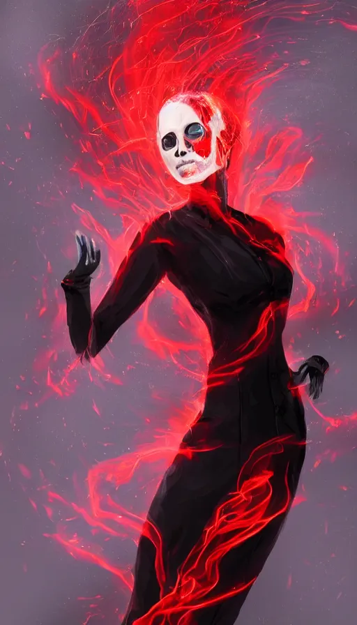 Image similar to Woman made of black flames, wearing a strict business suit, with no face, with glowing red eyes, with a red halo over her head, with red halo glowing out of her wrists, looking off to the side, growing out of a giant rose, rose petals flying in the wind, fantasy, tragic, tense, digital painting, artstation, indieground, concept art, sharp focus, by Annie Swynnerton and Nicholas Roerich, madness combat, strong dramatic cinematic lighting , blood red sky, grey skin, smooth, sharp focus, extremely detailed, illustration, Godmachine, alphonse mucha''