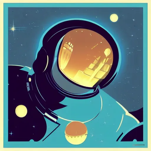 Prompt: “retro sci-fi poster 1950’s astronaut in a futuristic city made of glass, reflection of a female shadow silhouette in the glass helmet, the astronaut is under stars and moon. It is art deco style, 1950’s, glowing highlights, teal palette.”