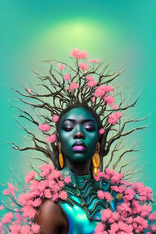 Prompt: illustration neo - baroque cinematic super expressive! yoruba goddess with exoskeleton armor, merging with tree in a forest, pink yellow flowers, highly detailed digital art masterpiece, smooth etienne sandorfi eric zener dramatic pearlescent soft teal light, ground angle uhd 8 k, sharp focus