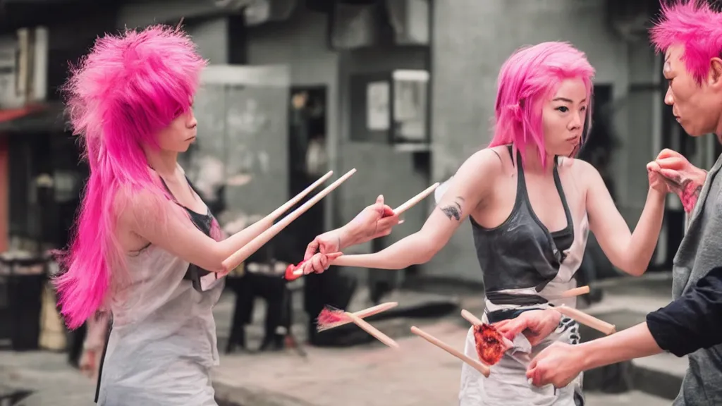 Image similar to person with pink hair and a knife fighting an asian person with chopsticks, cinematic, 4 k