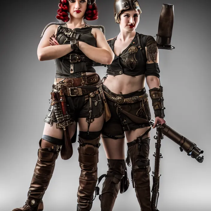 Image similar to full length photo of a very beautiful female dieselpunk warrior, 8 k, hdr, smooth, sharp focus, high resolution, award - winning photo