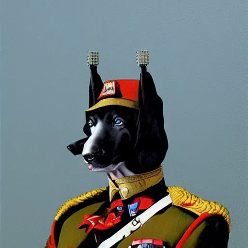 Prompt: peter elson painting of an decorated anthropomorphic dog in an army uniform