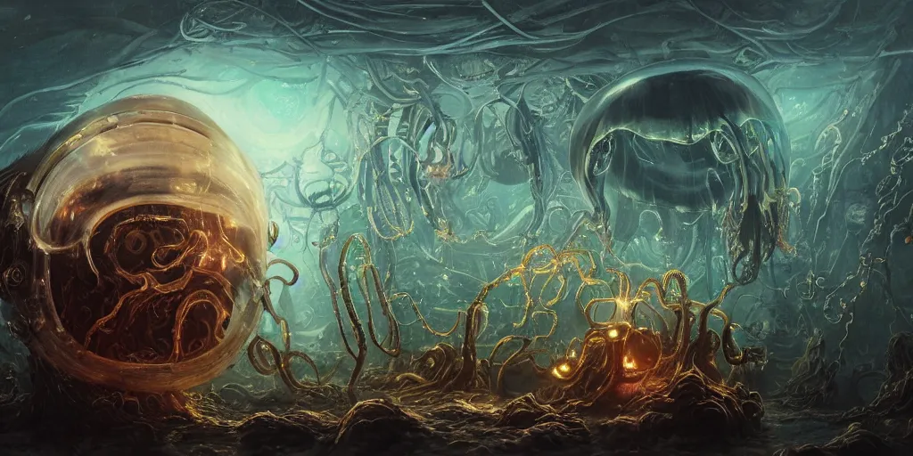 Image similar to concept art of giant translucent glowing jellyfishes, lovecraftian divers helmet, lots of teeth, melting horror, round moon, rich clouds, fighting the horrors of the unknown, mirrors, very detailed, volumetric light, mist, grim, fine art, decaying, textured oil over canvas, epic fantasy art, very colorful, ornate, anato finnstark