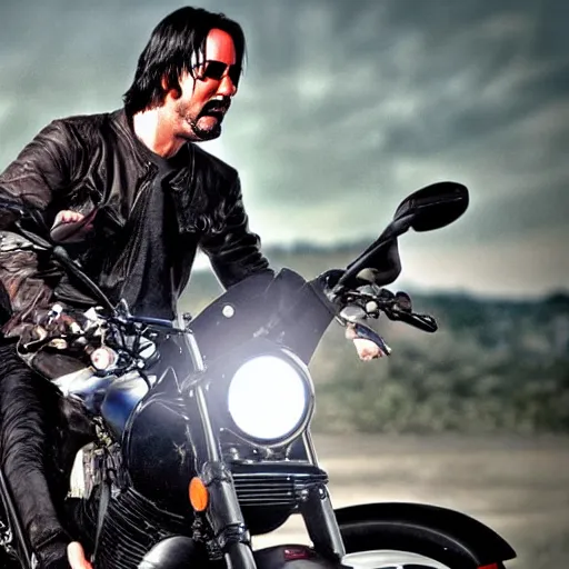 Prompt: Keanu reeves Riding a motorcycle through hell digital art 4K detail