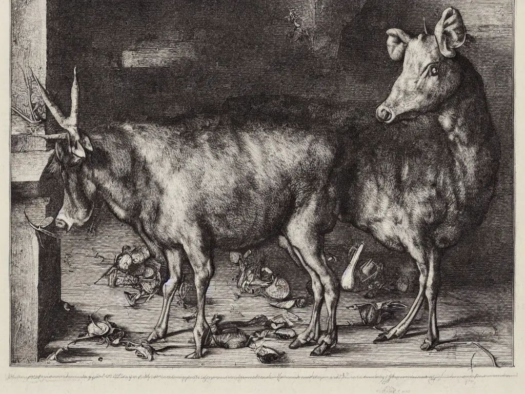 Image similar to portrait of a veal at the slaughterhouse. copper engraving by albrecht durer, walton ford