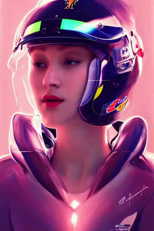 Image similar to portrait beautiful female formula one racer, wearing formula one racer uniform, formula one car as background, ssci-fi, fantasy, intricate, very very beautiful, elegant, human anatomy, neon light, highly detailed, digital painting, artstation, concept art, soft light, smooth, sharp focus, illustration, art by tian zi and WLOP and alphonse mucha