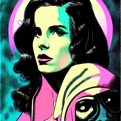 Image similar to lana del rey, detailed cyberpunk vaporwave portrait by tim doyle, by norman rockwell