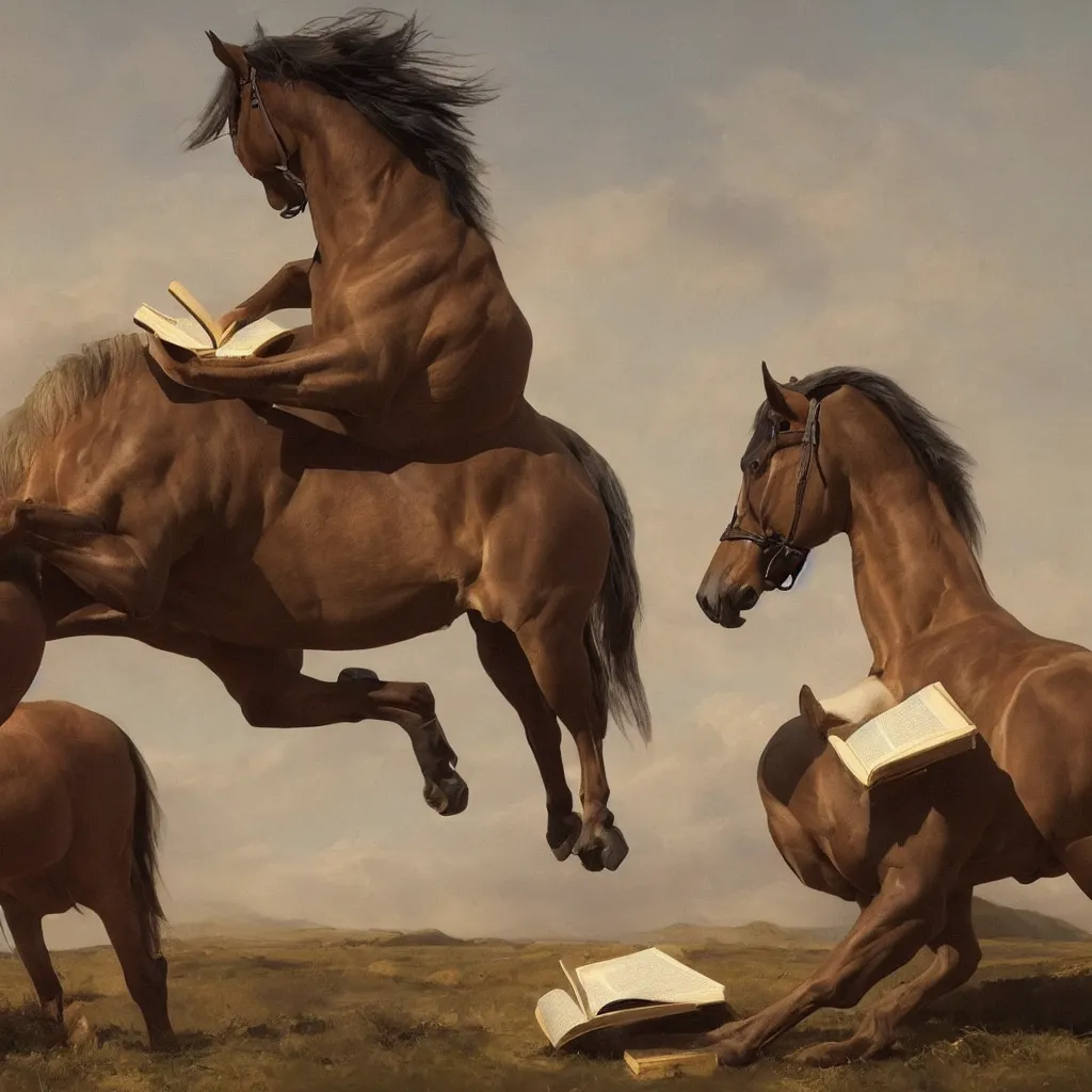 Prompt: a horse reading a book, cinematic lighting, evening sunlight, by roberto ferri and jeremy lipking, hyper detail, hyper realistic