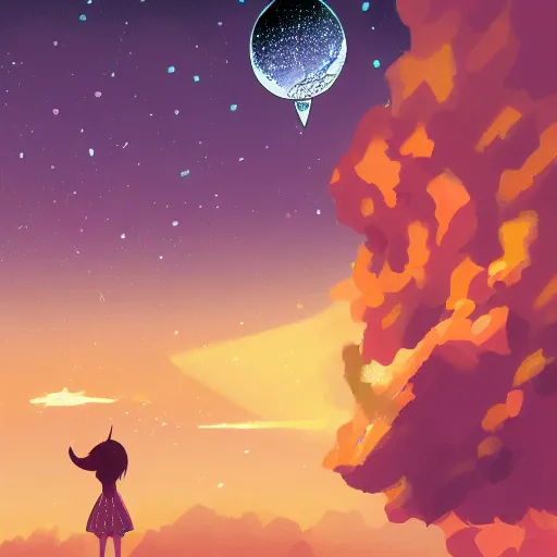 Prompt: a girl watching a meteorite fall from space, digital art