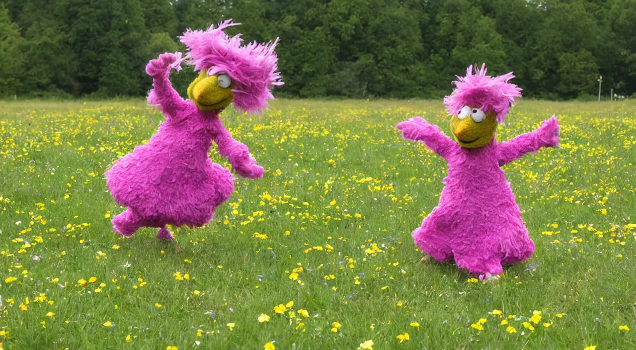 Image similar to wembley fraggle dancing on a flowery meadow