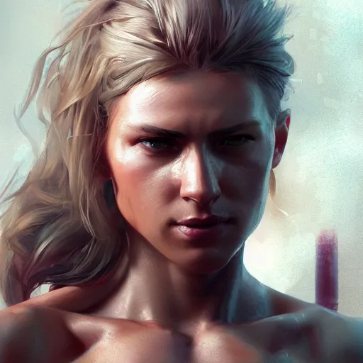 Image similar to a woman with muscles, digital art, photorealistic, unreal engine, 8 k resolution, artstation, beautiful face, pretty face, very detailed eyes, by wlop, greg rutkowski, simon bosley