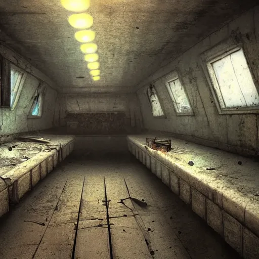 Image similar to inside an narrow quarter room of an abandonned ussr uboat, dim lighting with very small lightrays, comming, concept art, 4 k, hd, art station trending, sergii ivanchenko, sharp and highly detailed