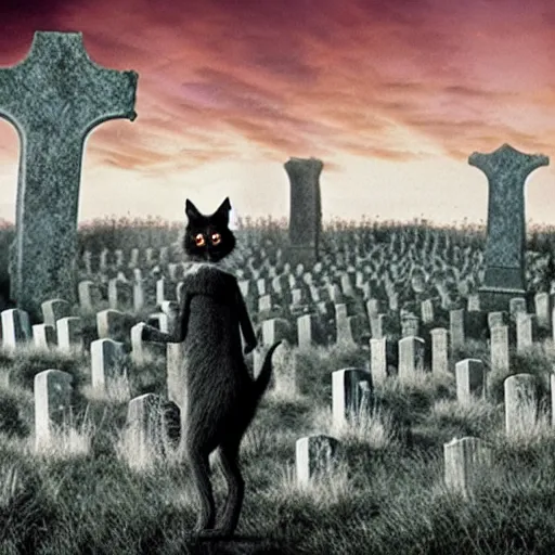 Prompt: The movie still from Tim Burton movie featuring a cat and a dog and a cemetery